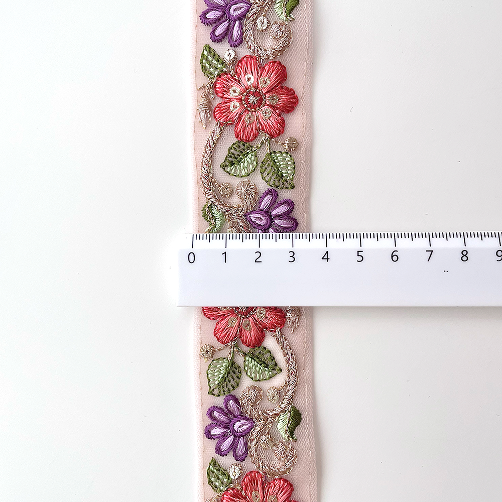 708 【 幅：3.5cm 】 インド刺繍リボン　ピンク　チュール　レッド　パープル