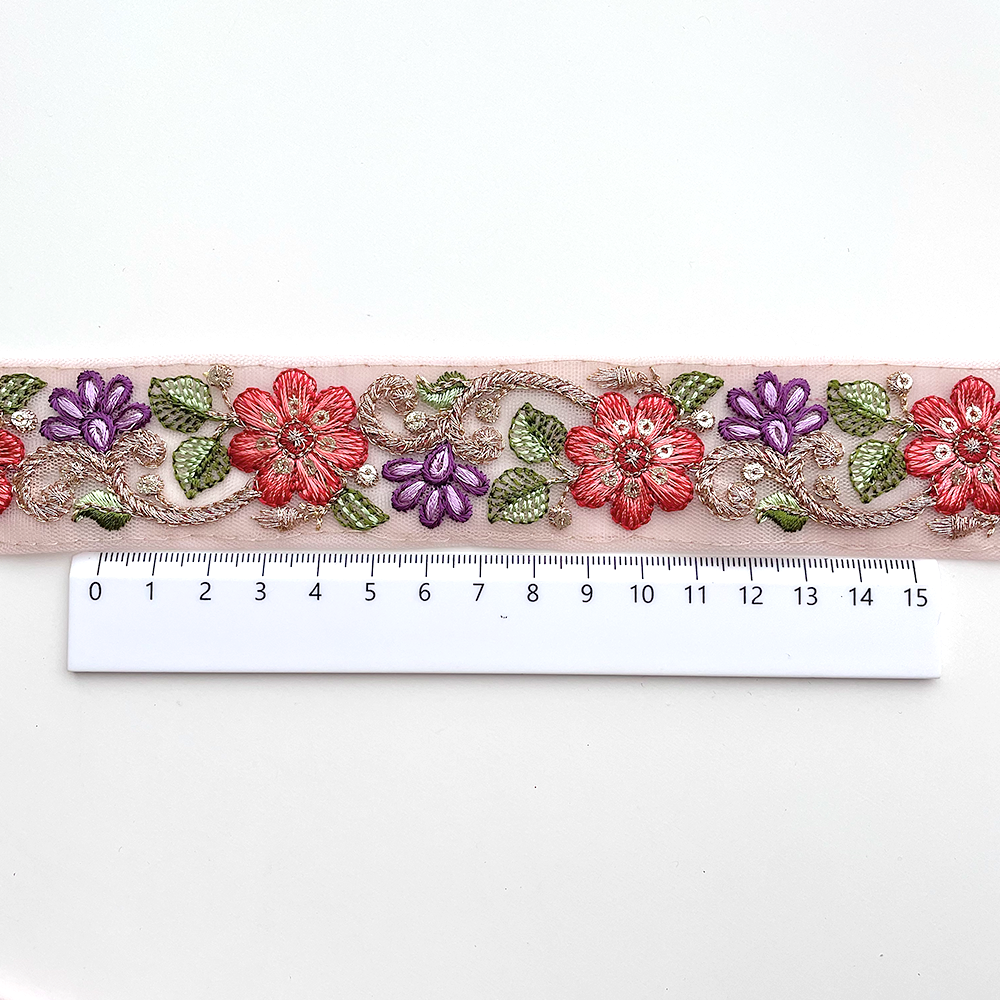 708 【 幅：3.5cm 】 インド刺繍リボン　ピンク　チュール　レッド　パープル