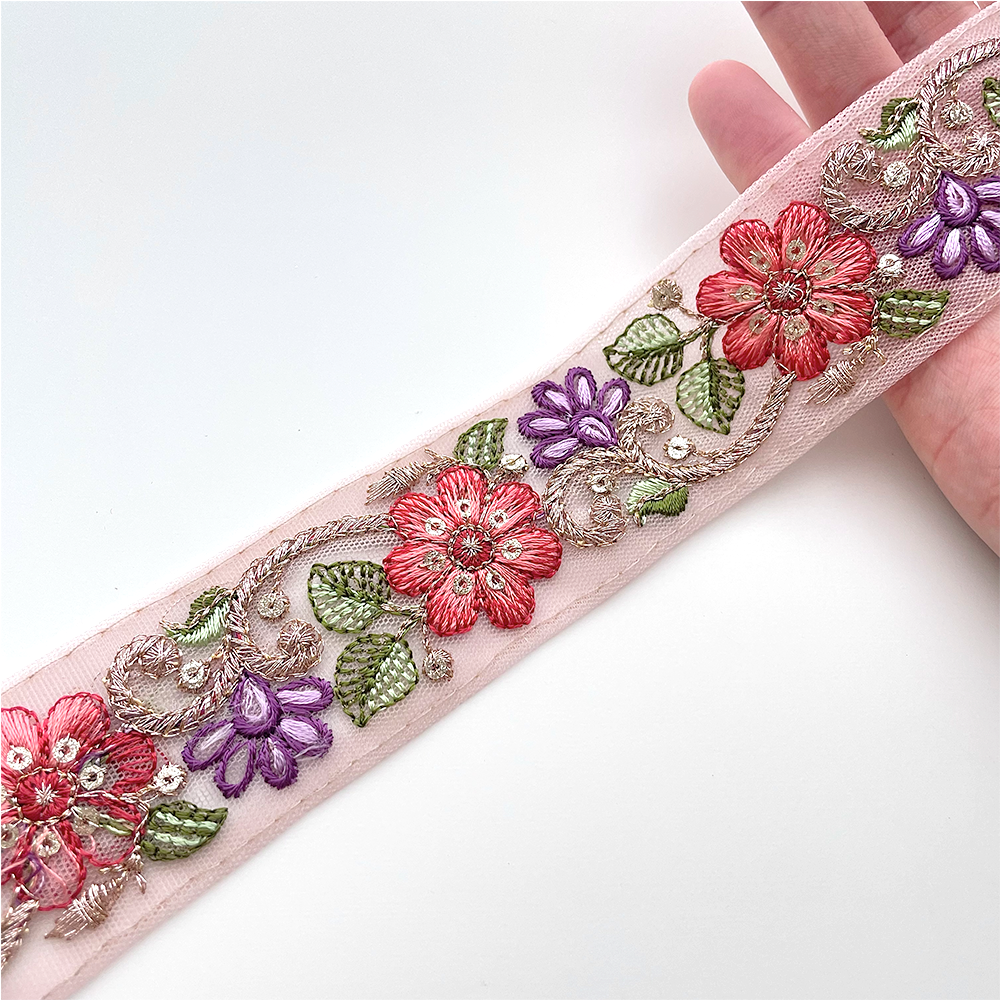 708 【 幅：3.5cm 】 インド刺繍リボン　ピンク　チュール　レッド　パープル