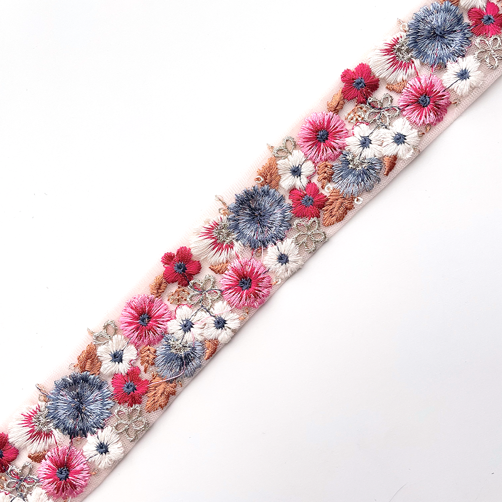 712 【 幅：4cm 】 インド刺繍リボン　ピンク　チュール　ブルー　ホワイト　レッド