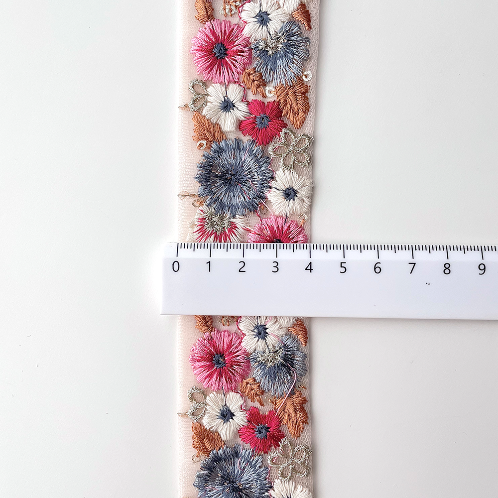 712 【 幅：4cm 】 インド刺繍リボン　ピンク　チュール　ブルー　ホワイト　レッド