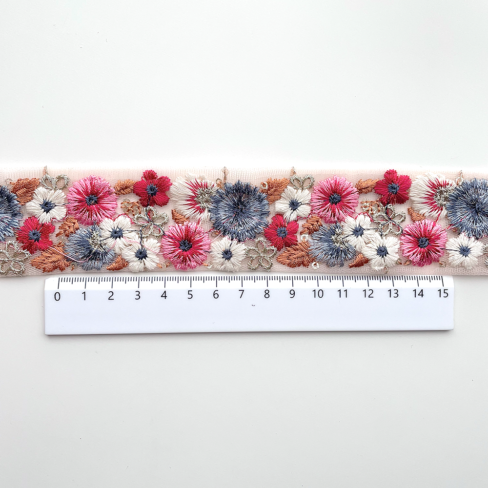 712 【 幅：4cm 】 インド刺繍リボン　ピンク　チュール　ブルー　ホワイト　レッド