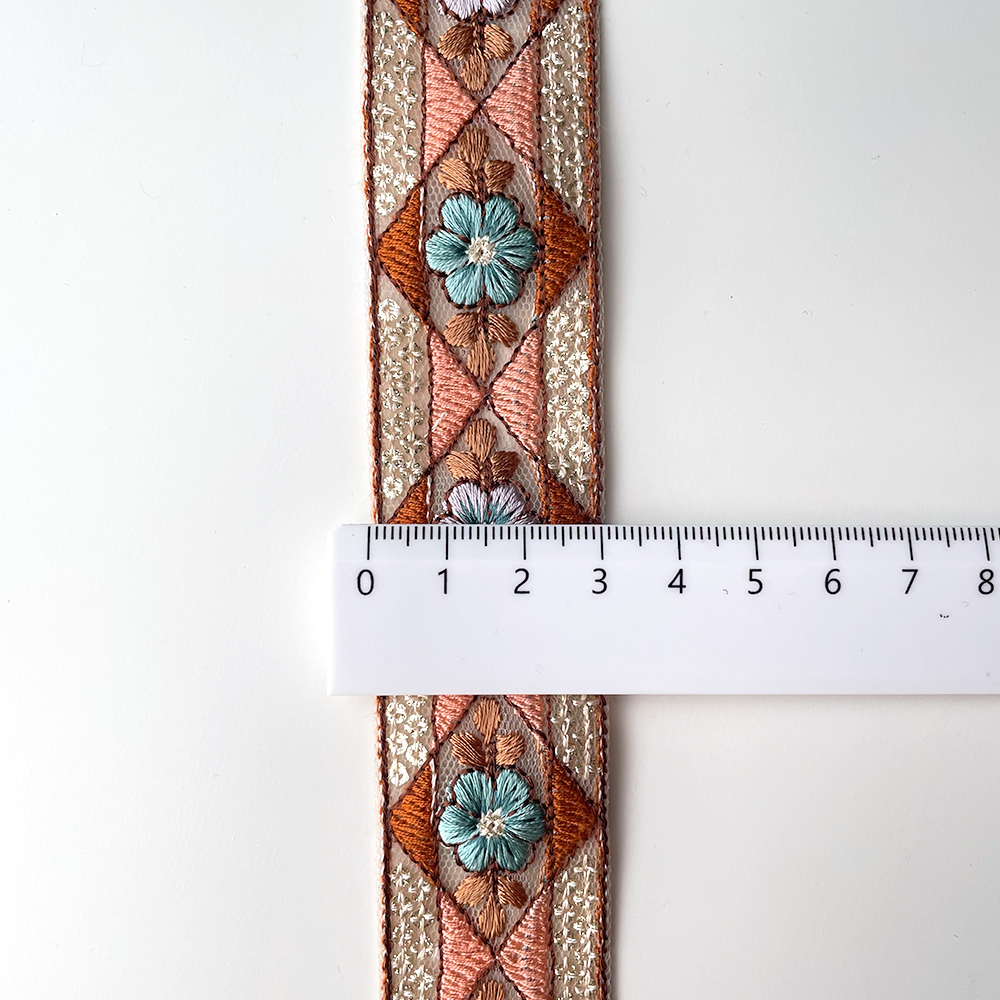 715 【 幅：3cm 】 インド刺繍リボン　ベージュ　チュール　オレンジ　ブラウン　ブルー　パープル
