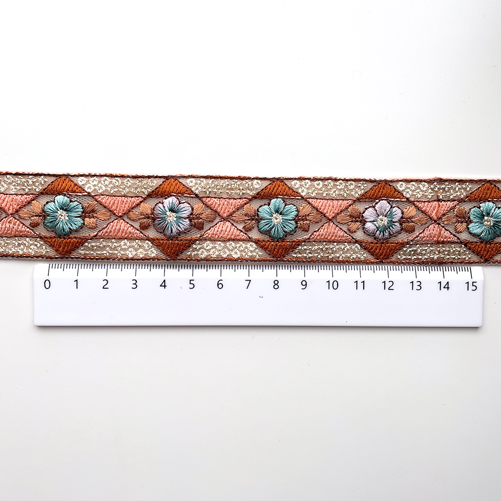715 【 幅：3cm 】 インド刺繍リボン　ベージュ　チュール　オレンジ　ブラウン　ブルー　パープル