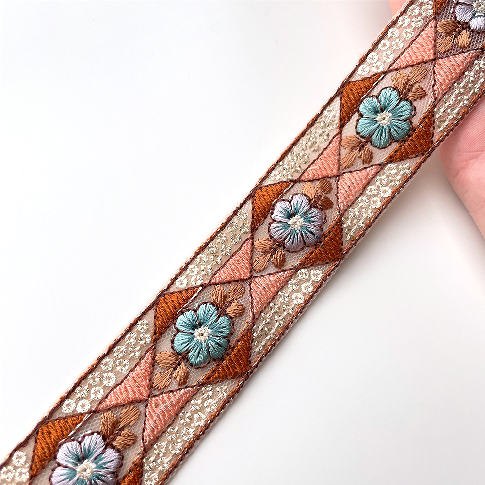 715 【 幅：3cm 】 インド刺繍リボン　ベージュ　チュール　オレンジ　ブラウン　ブルー　パープル