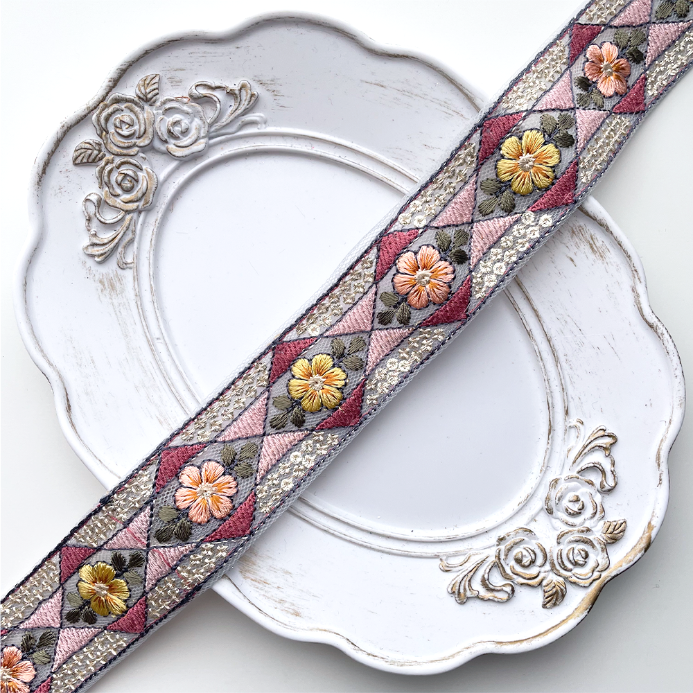 716 【 幅：3cm 】 インド刺繍リボン　ブルー　チュール　ピンク　イエロー