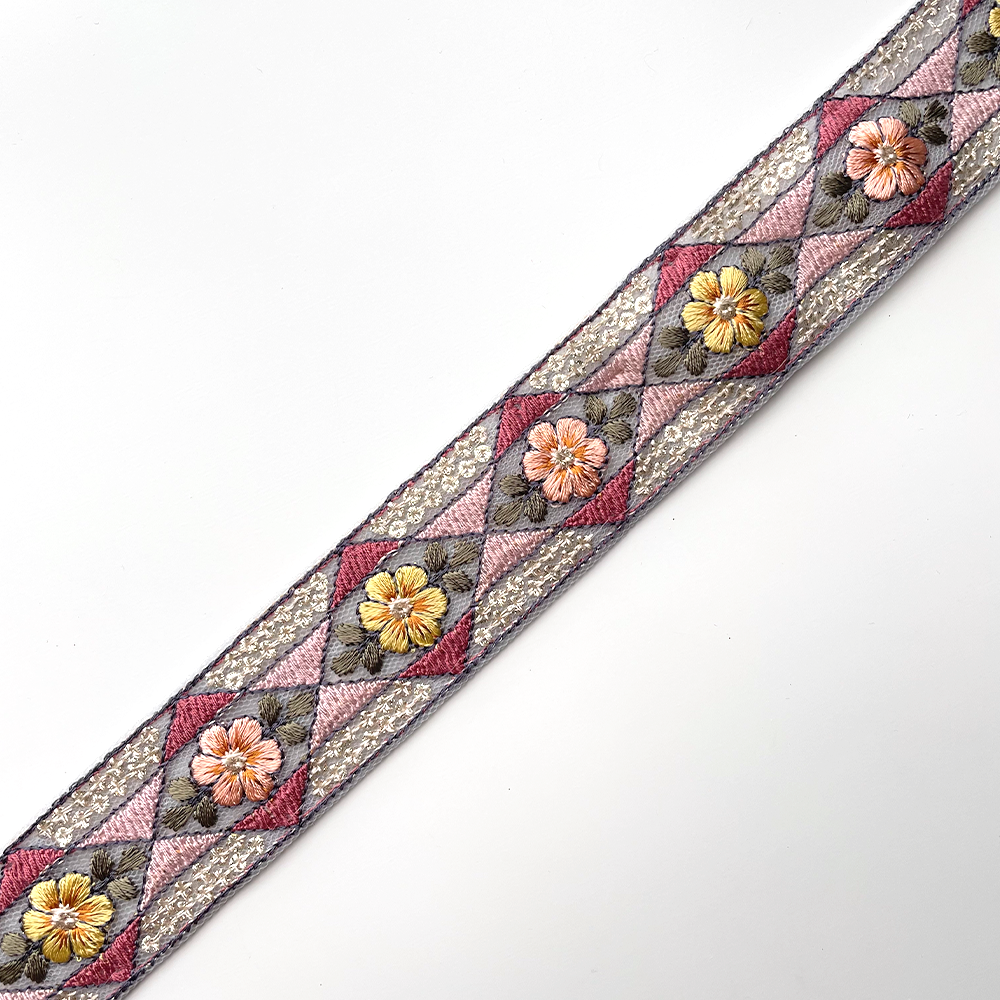716 【 幅：3cm 】 インド刺繍リボン　ブルー　チュール　ピンク　イエロー