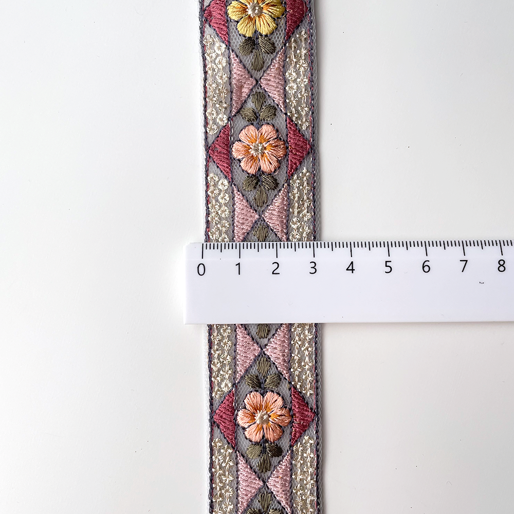 716 【 幅：3cm 】 インド刺繍リボン　ブルー　チュール　ピンク　イエロー