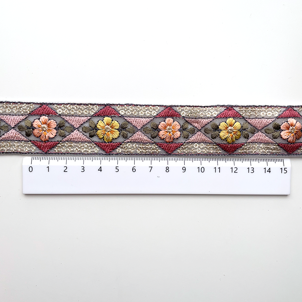 716 【 幅：3cm 】 インド刺繍リボン　ブルー　チュール　ピンク　イエロー