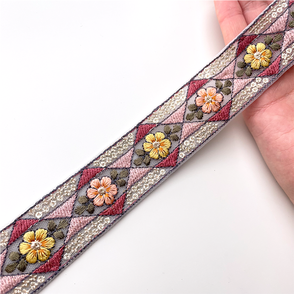 716 【 幅：3cm 】 インド刺繍リボン　ブルー　チュール　ピンク　イエロー