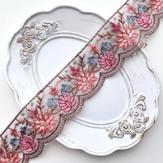718 【 幅：4.5cm 】 インド刺繍リボン　ブルー　チュール　サーモン　ピンク