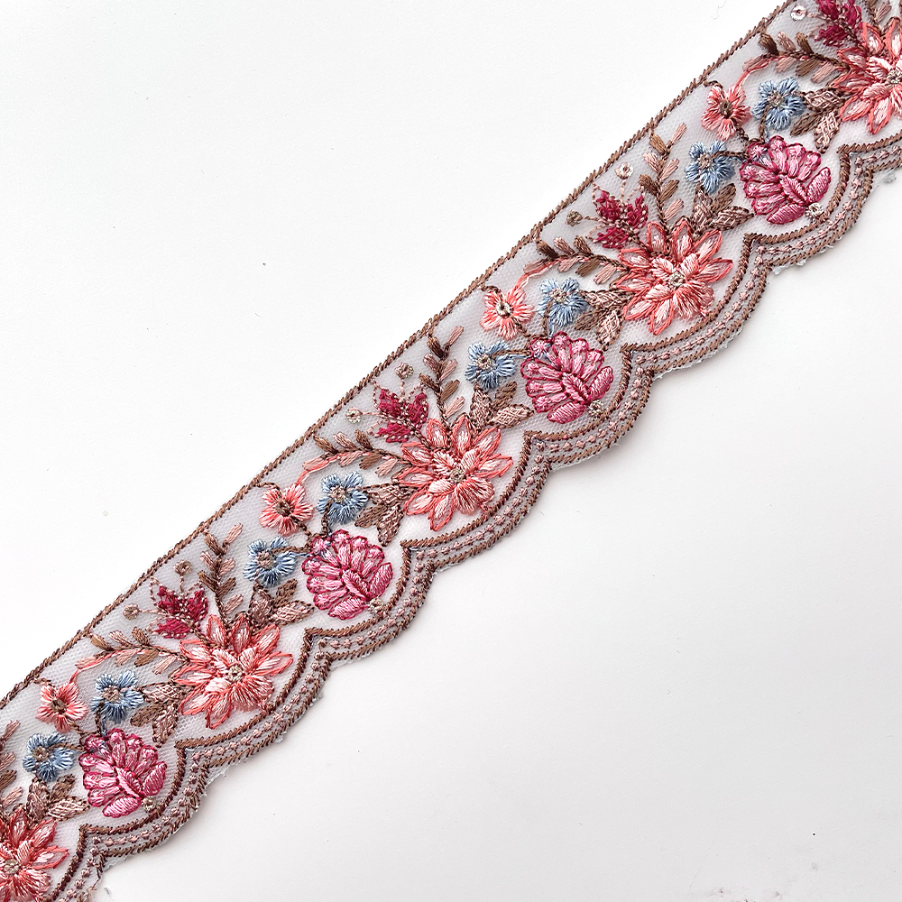718 【 幅：4.5cm 】 インド刺繍リボン　ブルー　チュール　サーモン　ピンク
