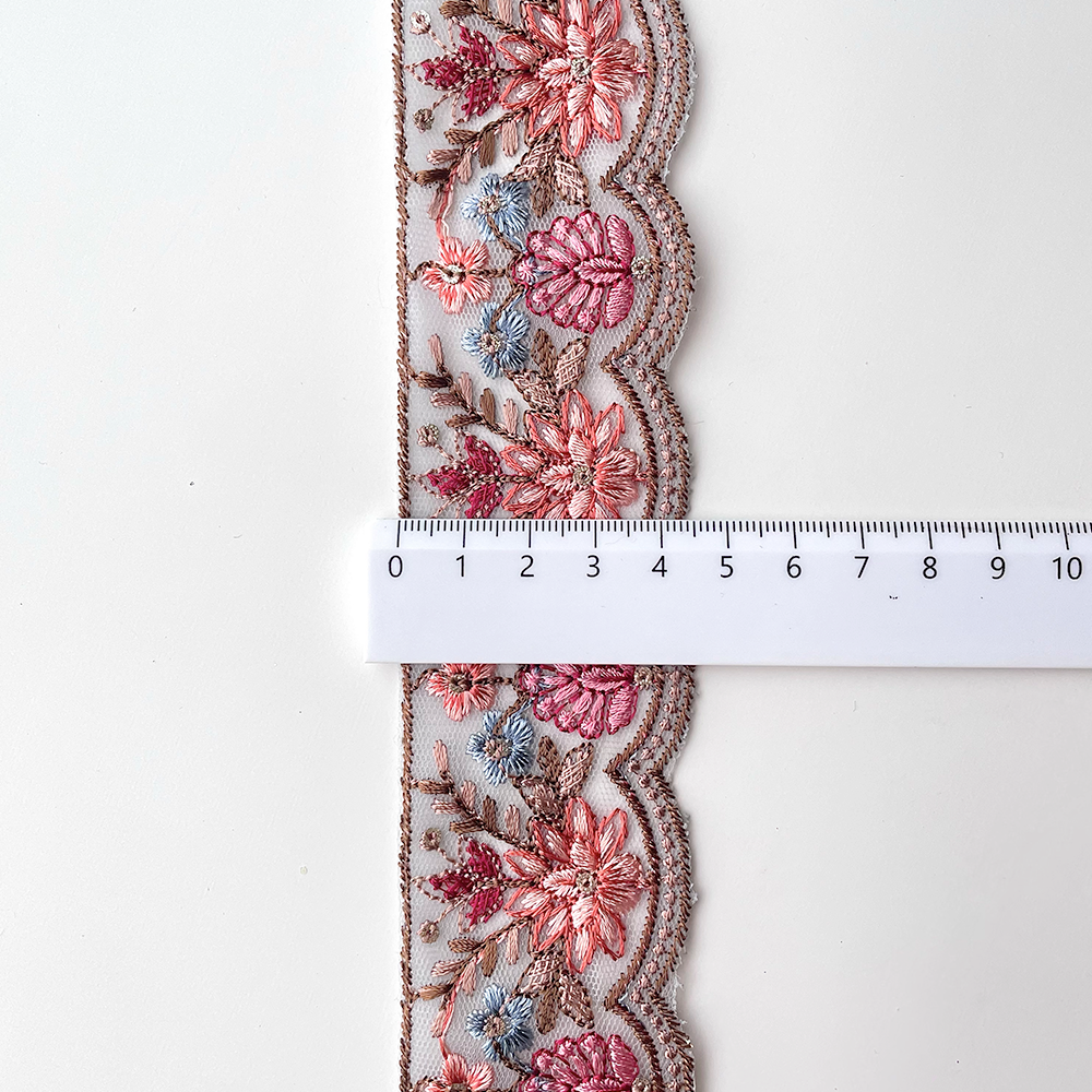 718 【 幅：4.5cm 】 インド刺繍リボン　ブルー　チュール　サーモン　ピンク