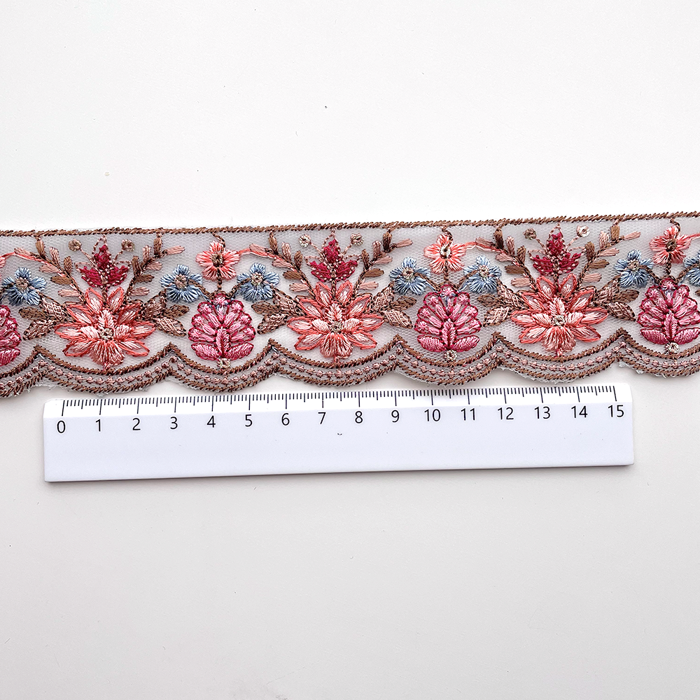 718 【 幅：4.5cm 】 インド刺繍リボン　ブルー　チュール　サーモン　ピンク