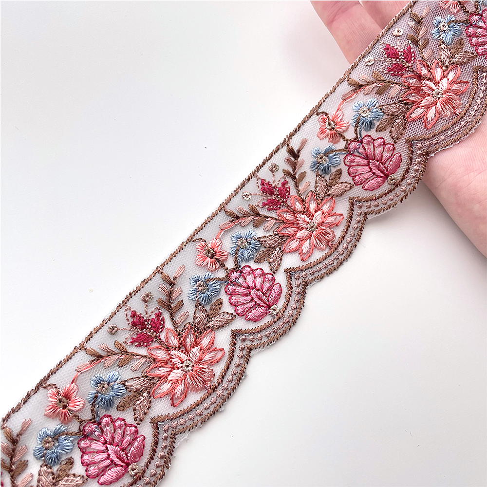 718 【 幅：4.5cm 】 インド刺繍リボン　ブルー　チュール　サーモン　ピンク