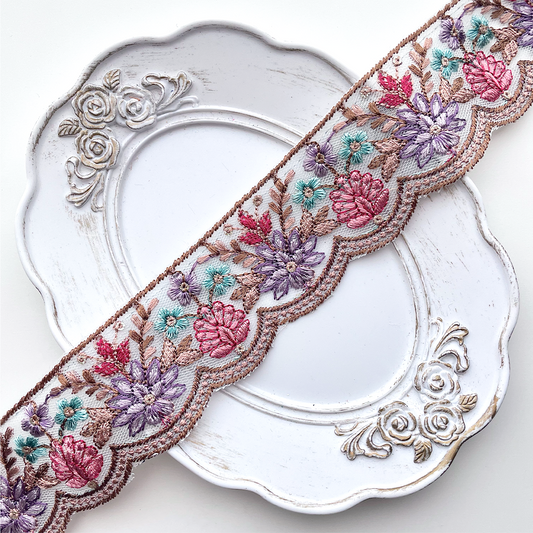719 【 幅：4.5cm 】 インド刺繍リボン　ベビーブルー　チュール　パープル　ピンク