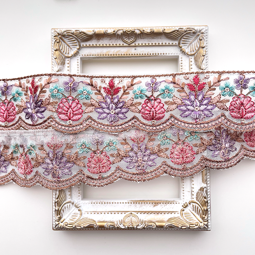 719 【 幅：4.5cm 】 インド刺繍リボン　ベビーブルー　チュール　パープル　ピンク