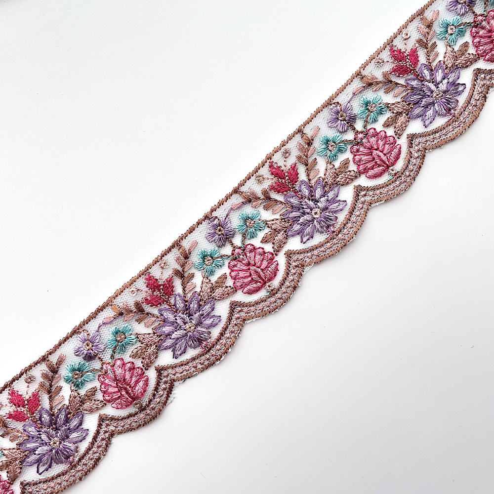 719 【 幅：4.5cm 】 インド刺繍リボン　ベビーブルー　チュール　パープル　ピンク