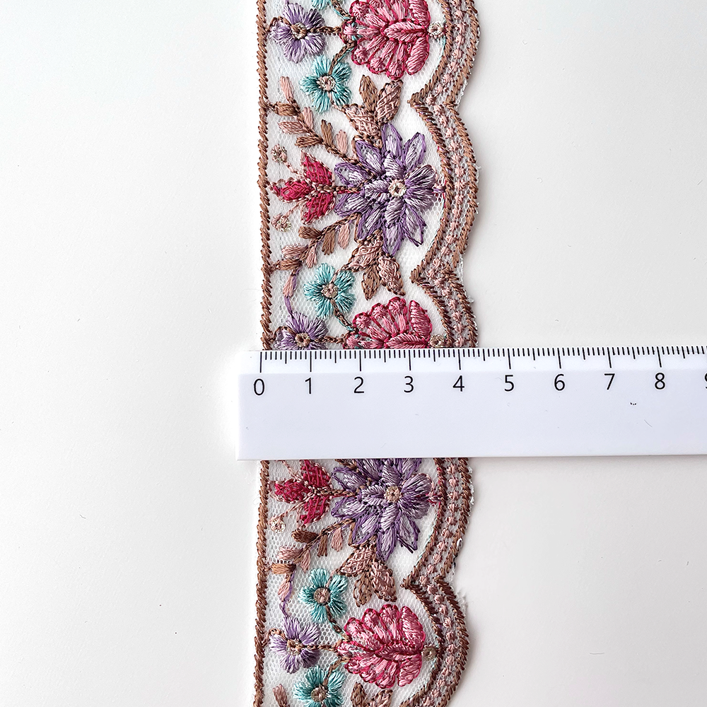 719 【 幅：4.5cm 】 インド刺繍リボン　ベビーブルー　チュール　パープル　ピンク