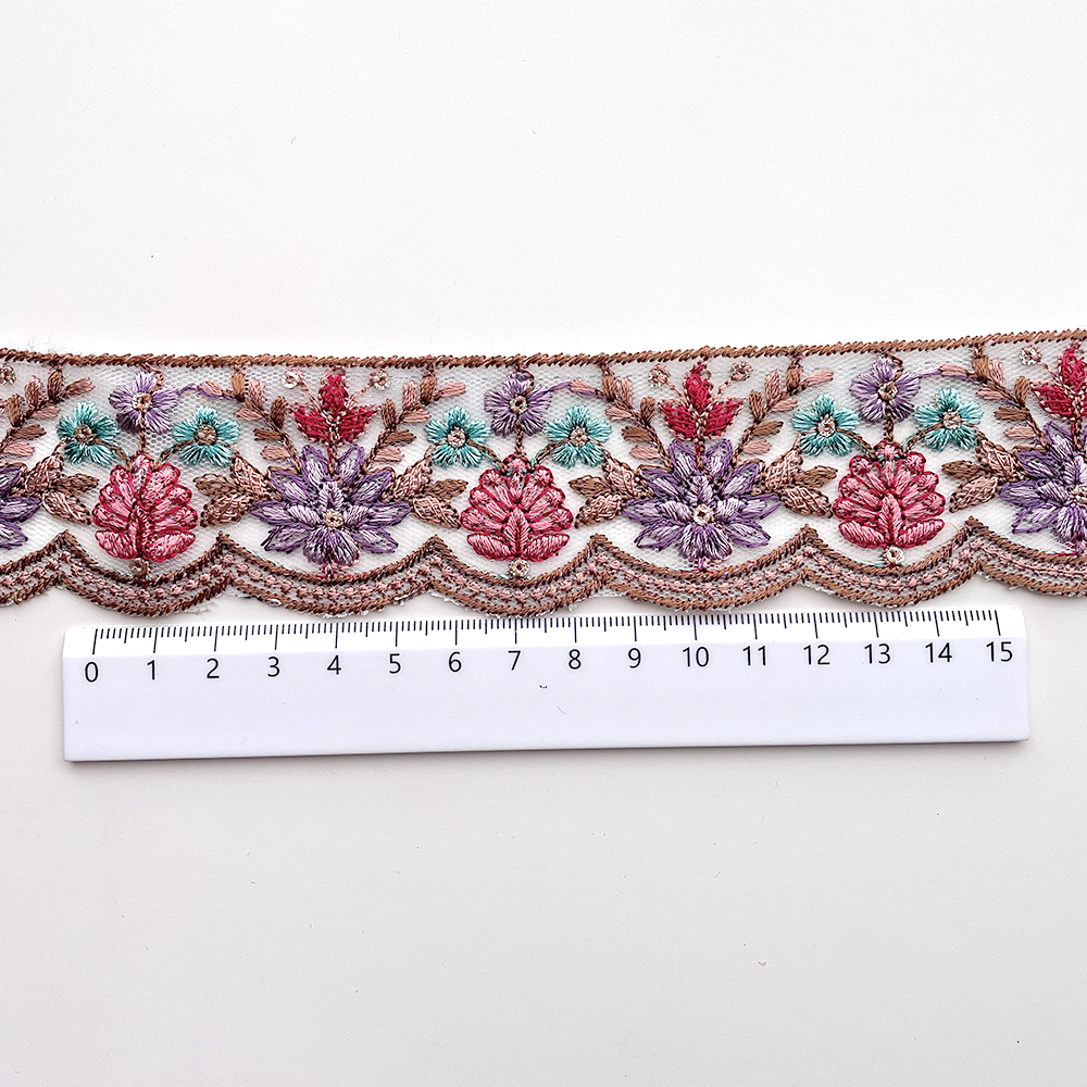 719 【 幅：4.5cm 】 インド刺繍リボン　ベビーブルー　チュール　パープル　ピンク