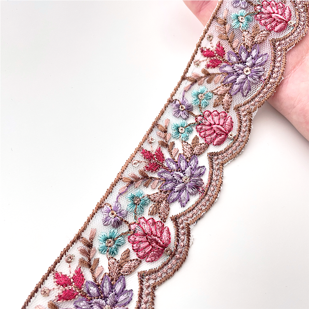 719 【 幅：4.5cm 】 インド刺繍リボン　ベビーブルー　チュール　パープル　ピンク