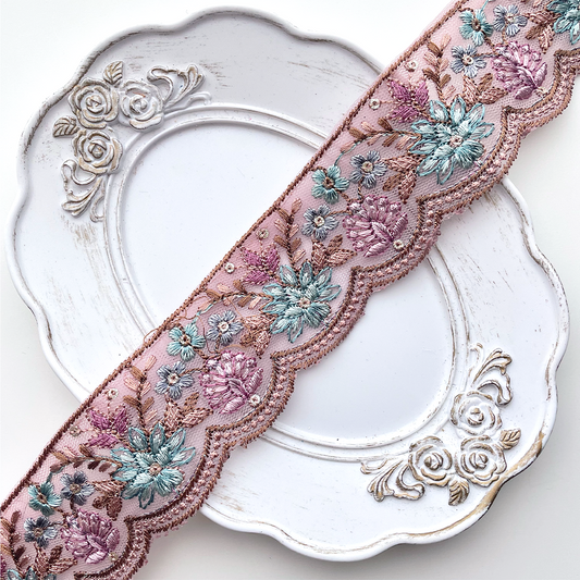 720 【 幅：4.5cm 】 インド刺繍リボン　パープル　チュール　ブルー　ターコイズ