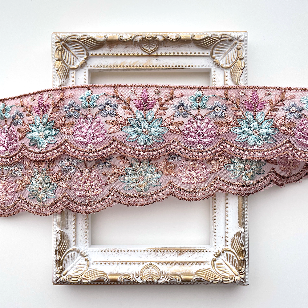 720 【 幅：4.5cm 】 インド刺繍リボン　パープル　チュール　ブルー　ターコイズ