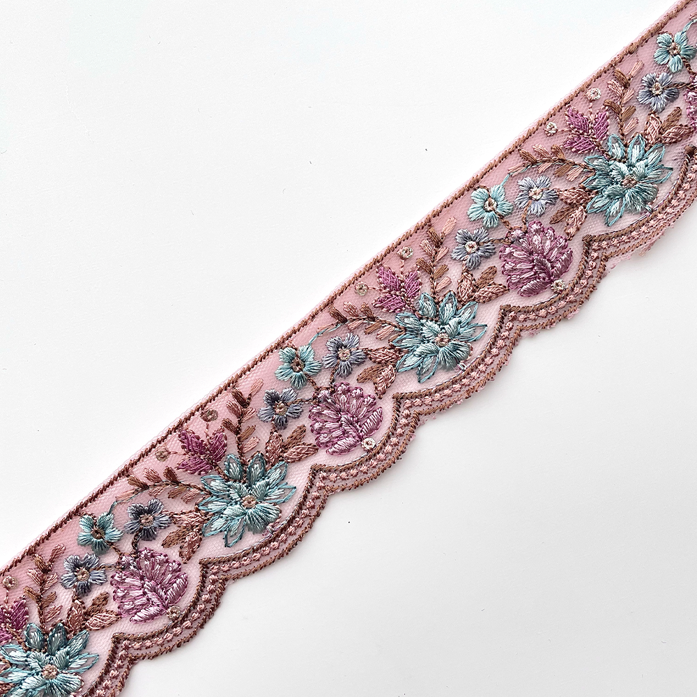 720 【 幅：4.5cm 】 インド刺繍リボン　パープル　チュール　ブルー　ターコイズ