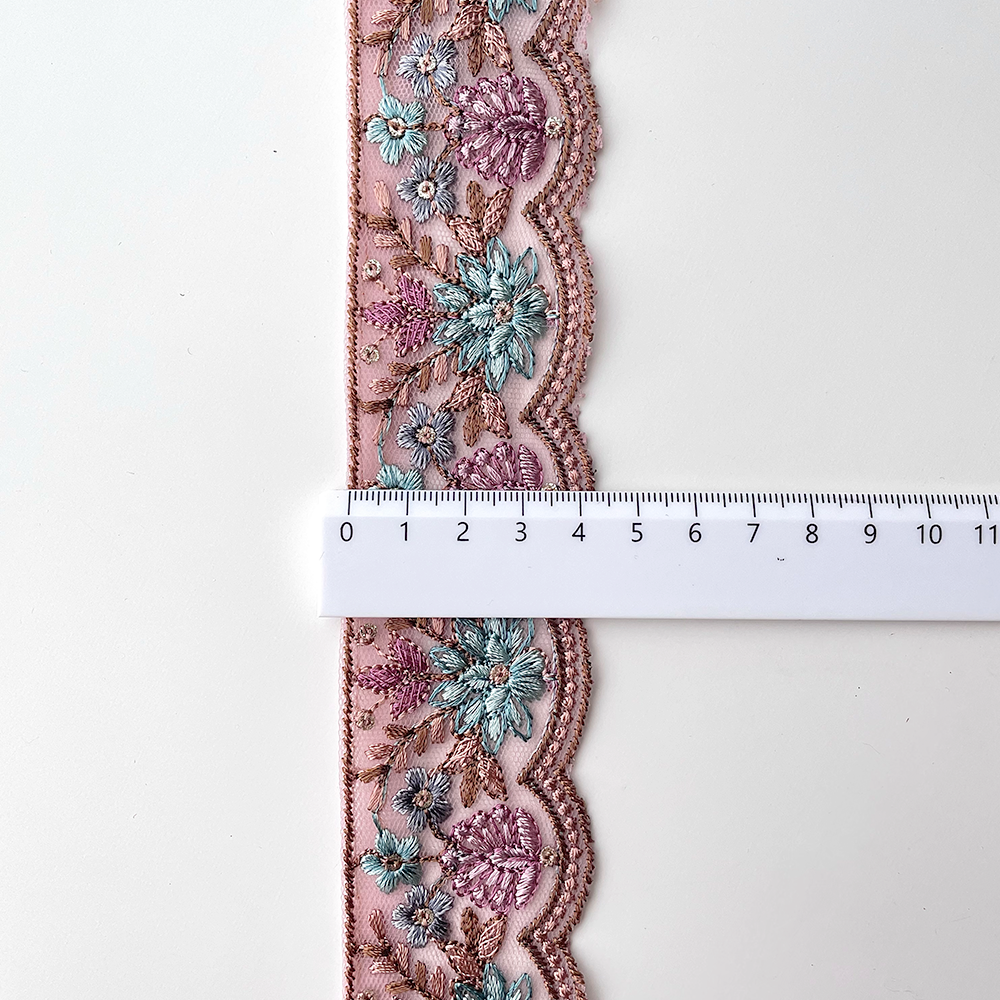 720 【 幅：4.5cm 】 インド刺繍リボン　パープル　チュール　ブルー　ターコイズ