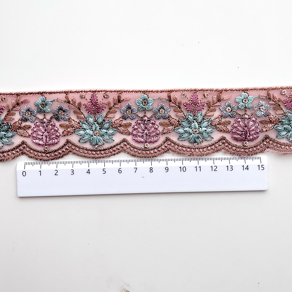 720 【 幅：4.5cm 】 インド刺繍リボン　パープル　チュール　ブルー　ターコイズ
