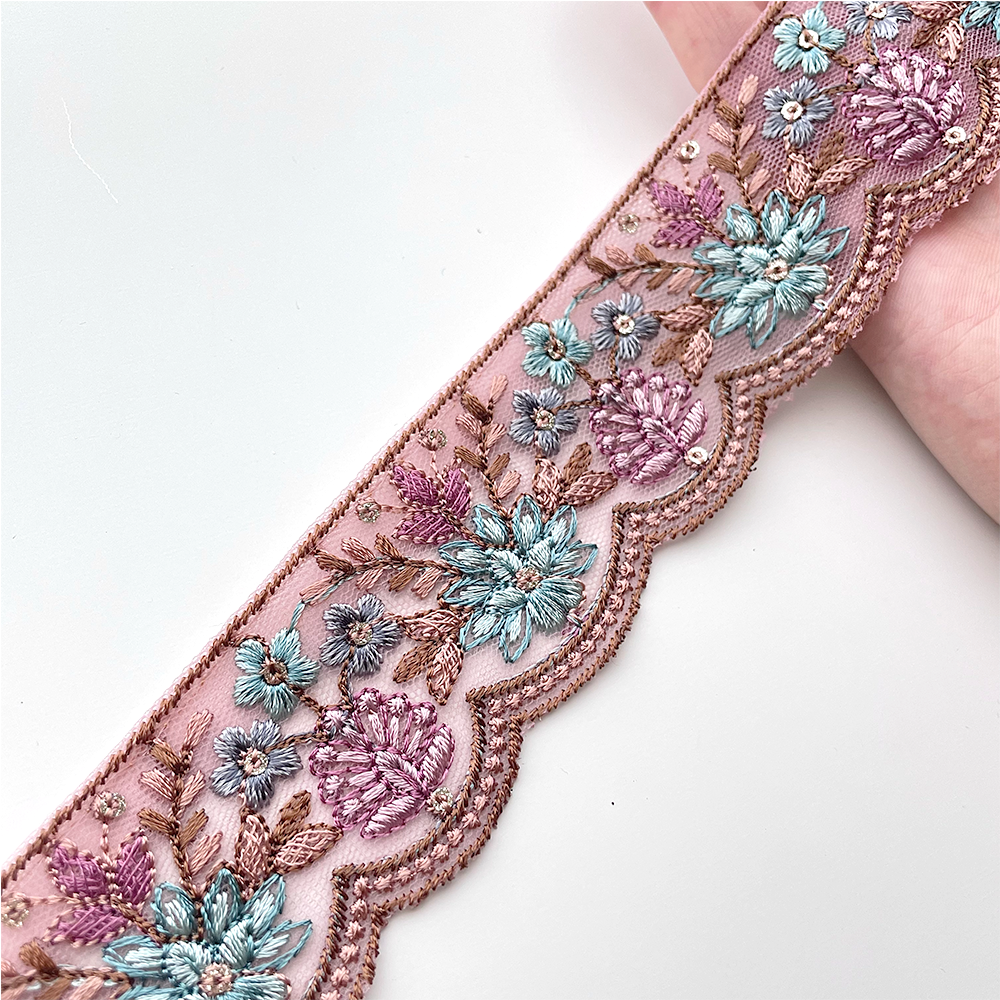 720 【 幅：4.5cm 】 インド刺繍リボン　パープル　チュール　ブルー　ターコイズ