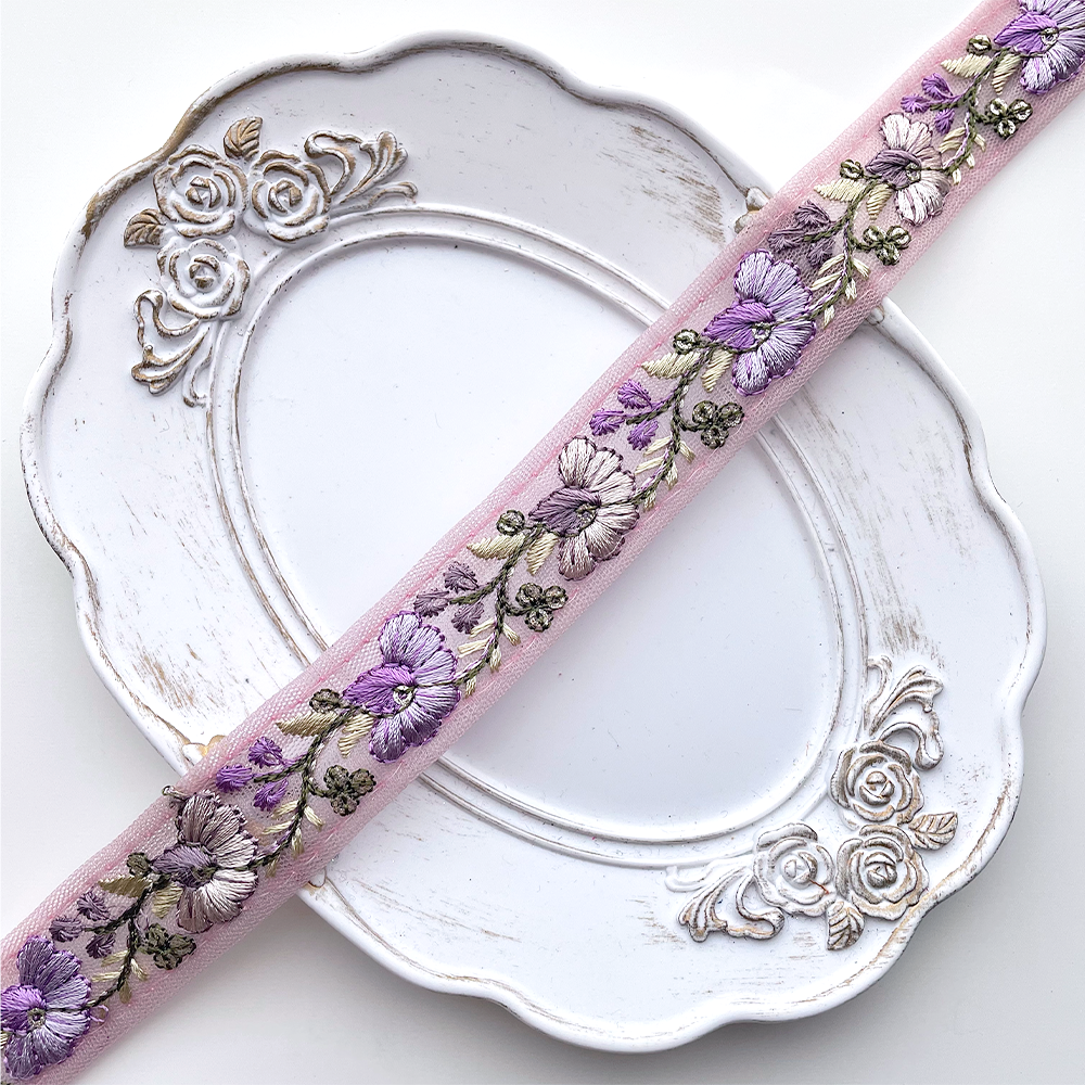 722 【 幅：2.5cm 】 インド刺繍リボン　パープル　チュール　グリーン