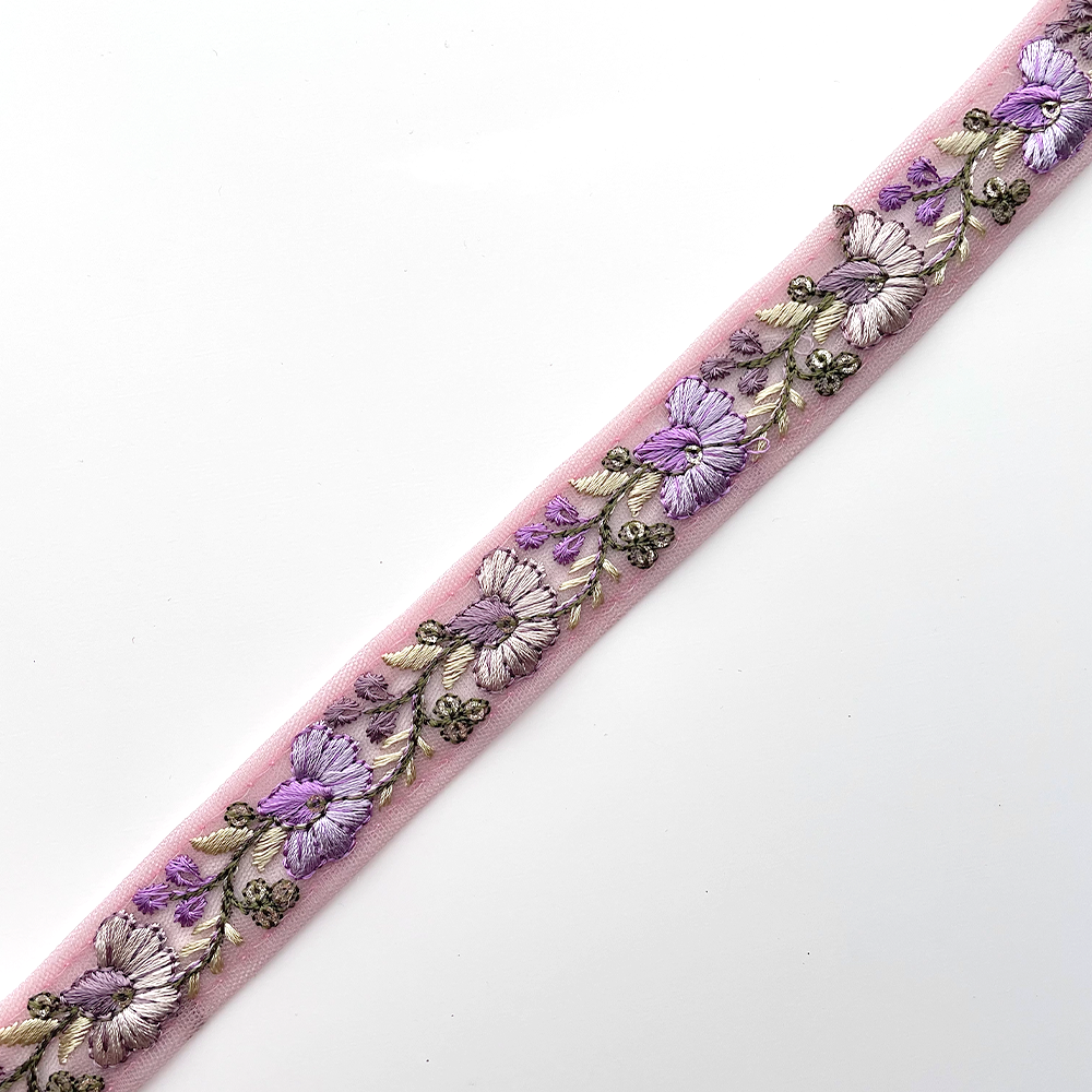 722 【 幅：2.5cm 】 インド刺繍リボン　パープル　チュール　グリーン