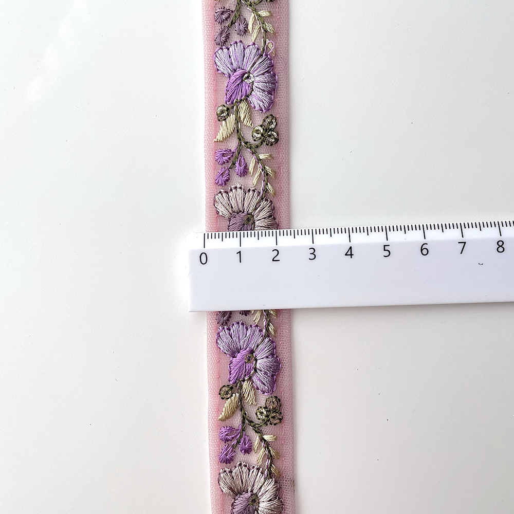 722 【 幅：2.5cm 】 インド刺繍リボン　パープル　チュール　グリーン