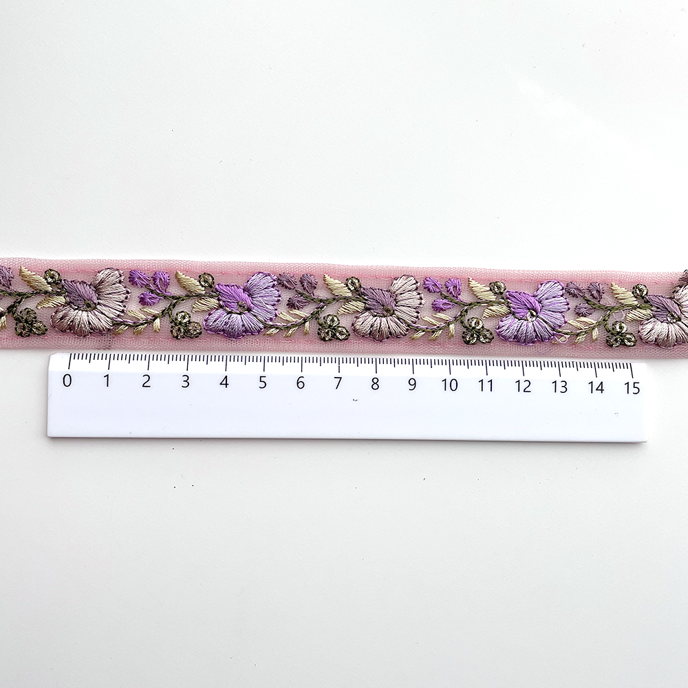 722 【 幅：2.5cm 】 インド刺繍リボン　パープル　チュール　グリーン