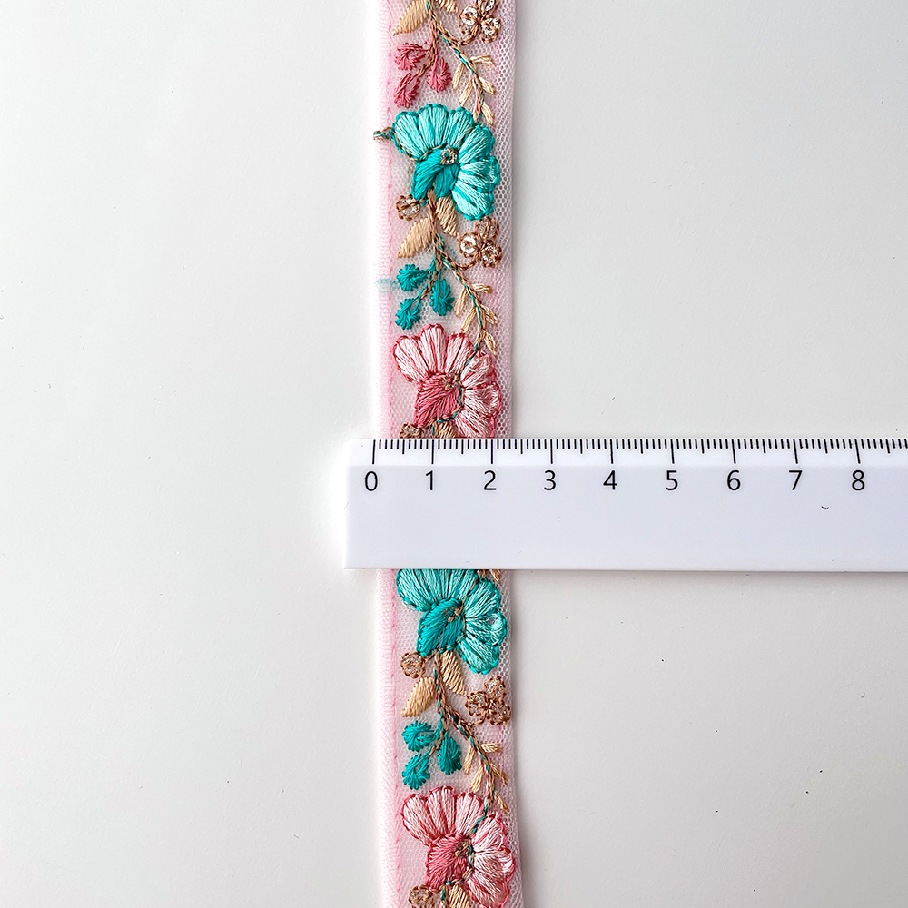 723 【 幅：2.5cm 】 インド刺繍リボン　ピンク　チュール　ターコイズ　グリーン　ベージュ