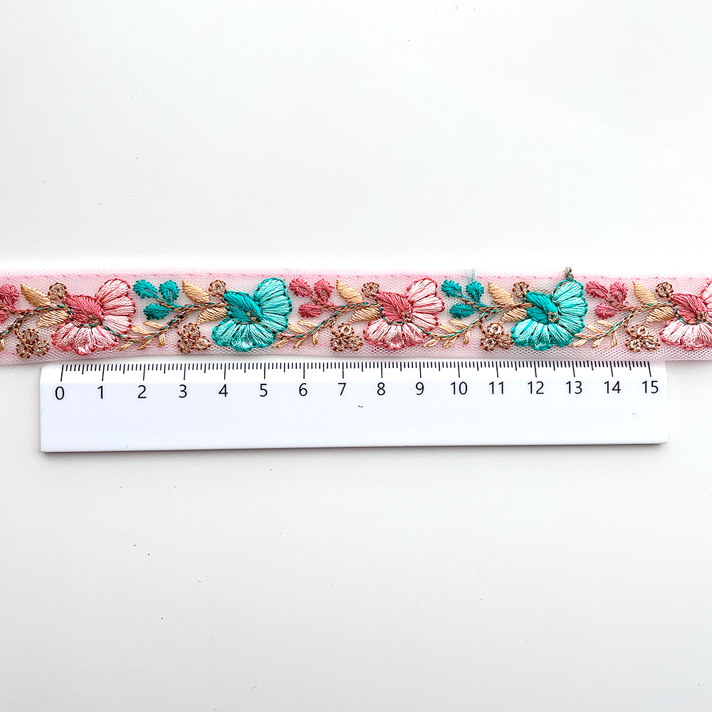723 【 幅：2.5cm 】 インド刺繍リボン　ピンク　チュール　ターコイズ　グリーン　ベージュ