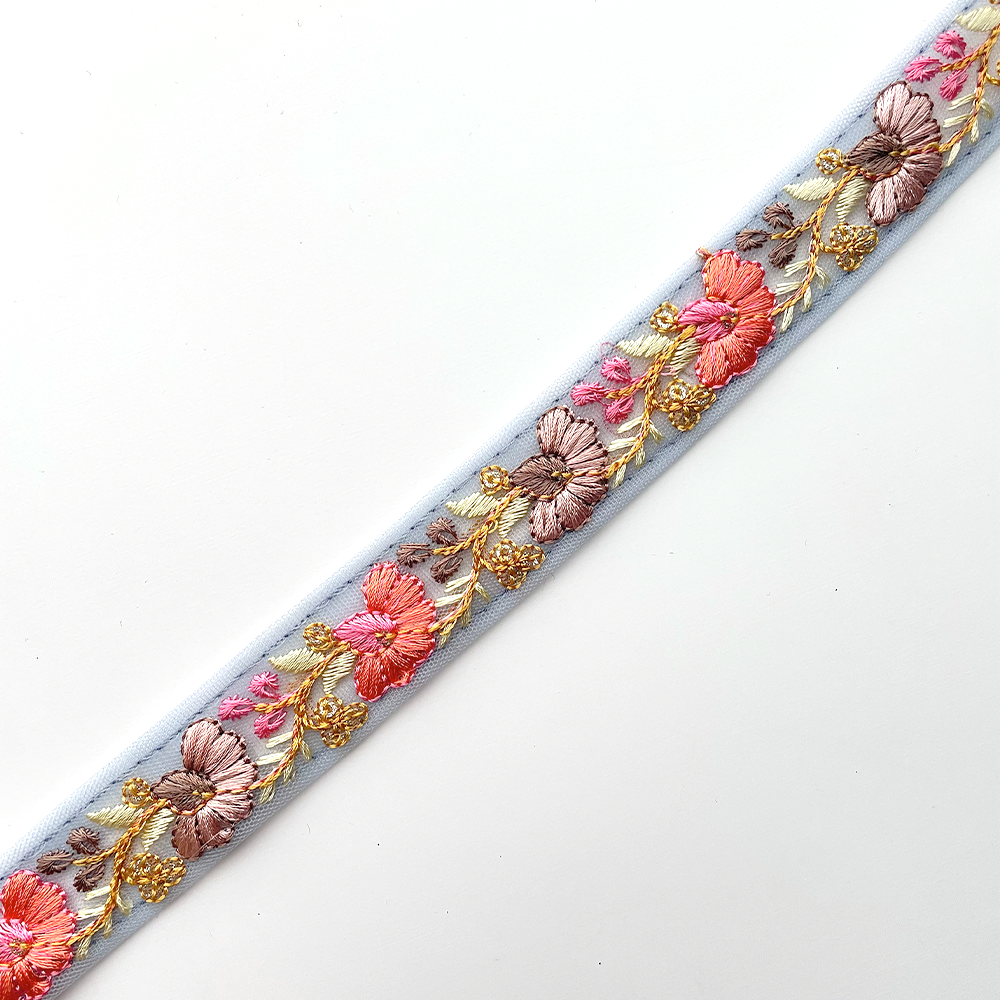 724 【 幅：2.5cm 】 インド刺繍リボン　ブルー　チュール　オレンジ　ブラウン