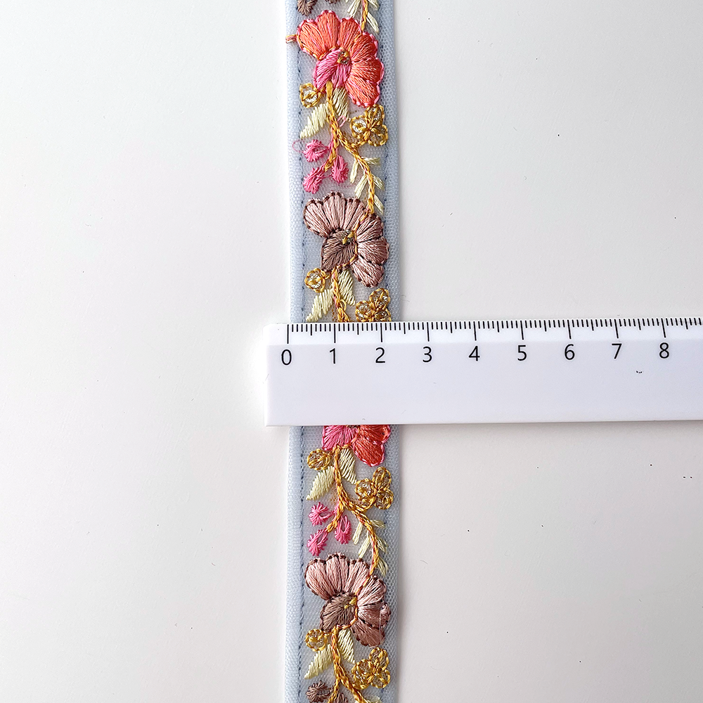 724 【 幅：2.5cm 】 インド刺繍リボン　ブルー　チュール　オレンジ　ブラウン