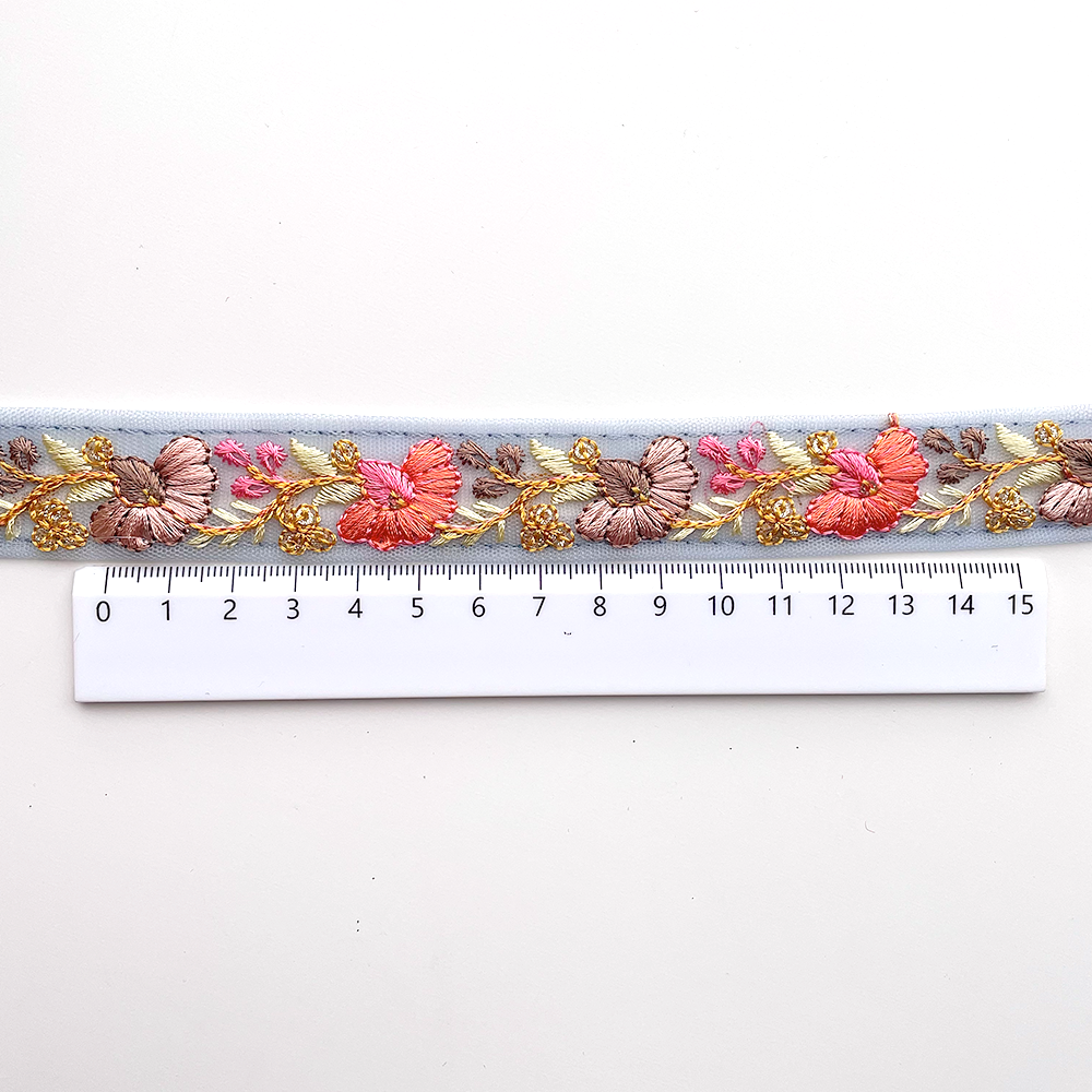 724 【 幅：2.5cm 】 インド刺繍リボン　ブルー　チュール　オレンジ　ブラウン