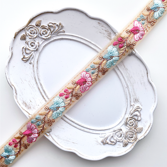 725 【 幅：2.5cm 】 インド刺繍リボン　ベージュ　チュール　ブルー　ピンク