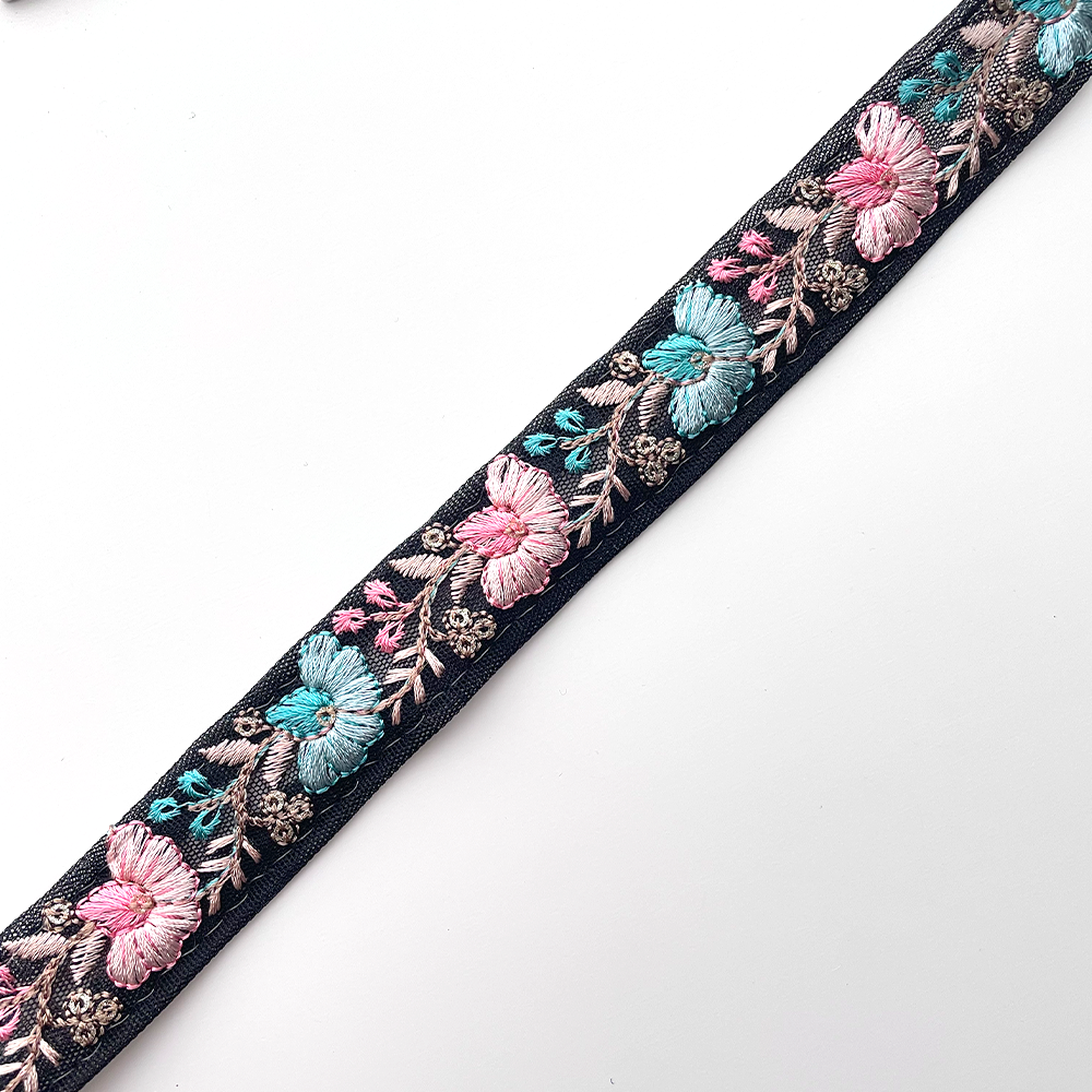 726 【 幅：2.5cm 】 インド刺繍リボン　ブラック　チュール　ピンク　ブルー　ベージュ