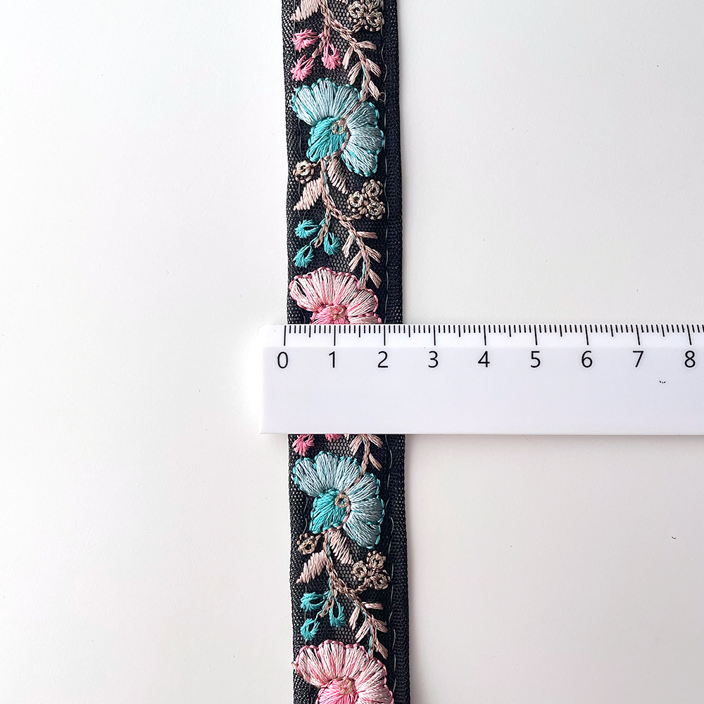 726 【 幅：2.5cm 】 インド刺繍リボン　ブラック　チュール　ピンク　ブルー　ベージュ