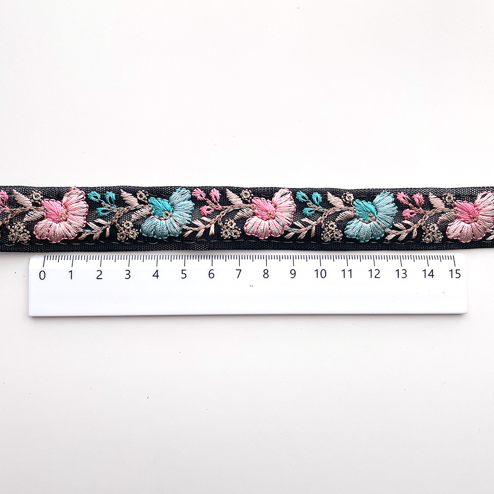 726 【 幅：2.5cm 】 インド刺繍リボン　ブラック　チュール　ピンク　ブルー　ベージュ
