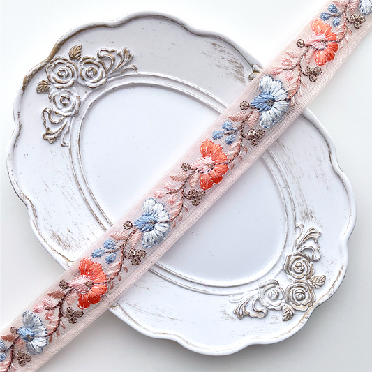 729 【 幅：2.5cm 】 インド刺繍リボン　オレンジベージュ　チュール　オレンジ　ブルー