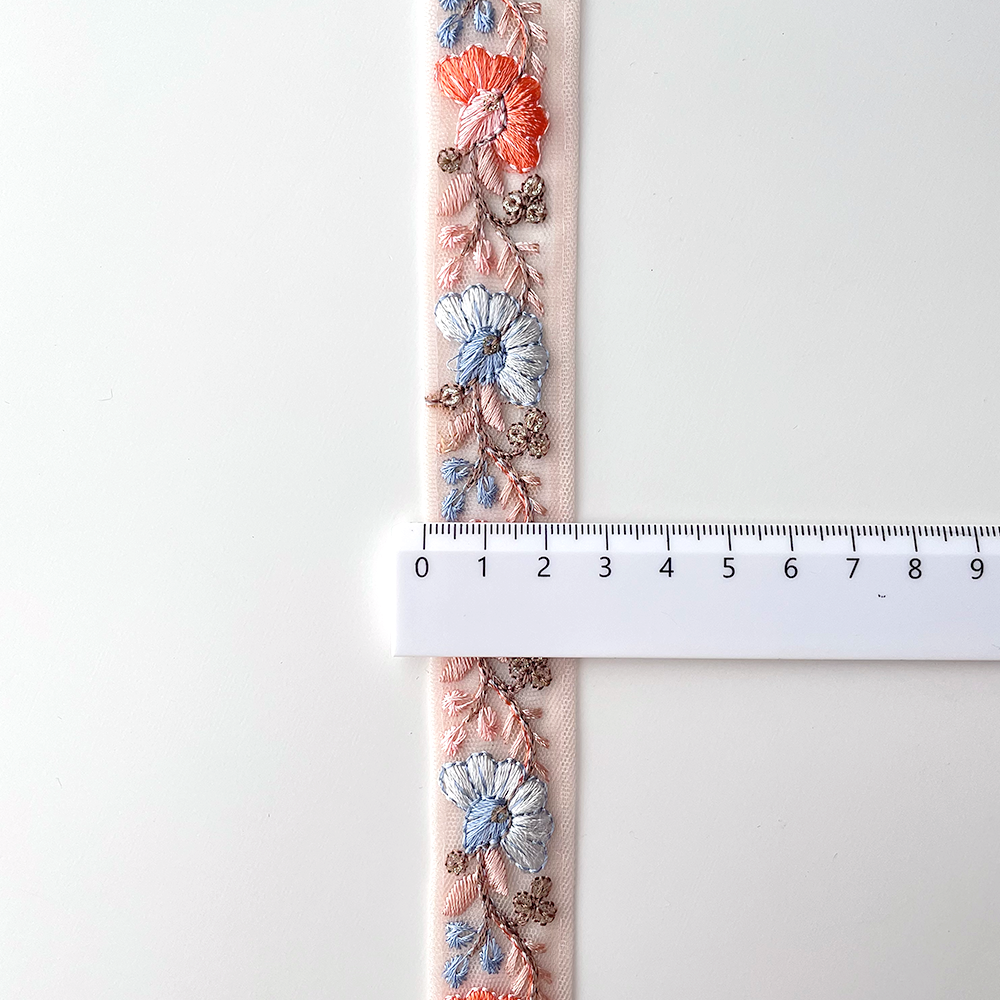 729 【 幅：2.5cm 】 インド刺繍リボン　オレンジベージュ　チュール　オレンジ　ブルー