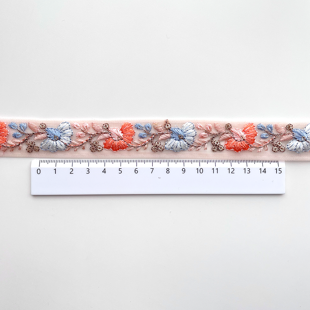729 【 幅：2.5cm 】 インド刺繍リボン　オレンジベージュ　チュール　オレンジ　ブルー