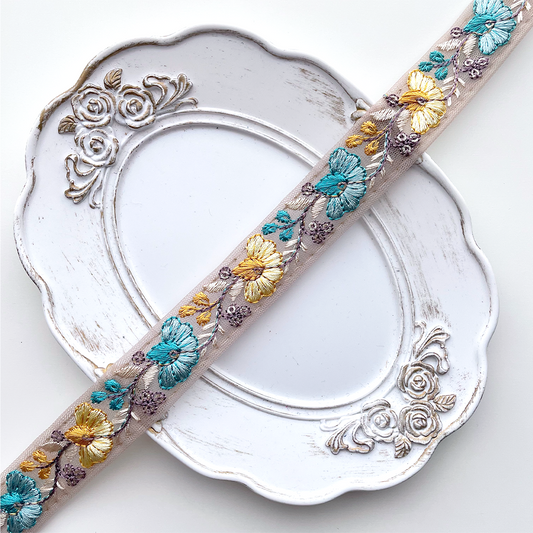730 【 幅：2.5cm 】 インド刺繍リボン　ブラウン　チュール　イエロー　ターコイズ