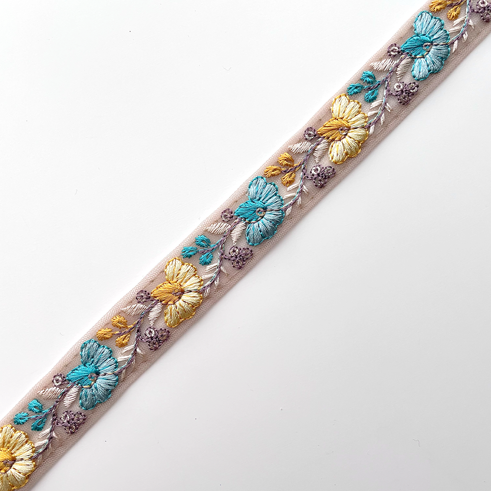 730 【 幅：2.5cm 】 インド刺繍リボン　ブラウン　チュール　イエロー　ターコイズ