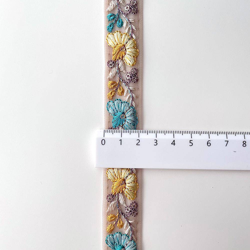 730 【 幅：2.5cm 】 インド刺繍リボン　ブラウン　チュール　イエロー　ターコイズ